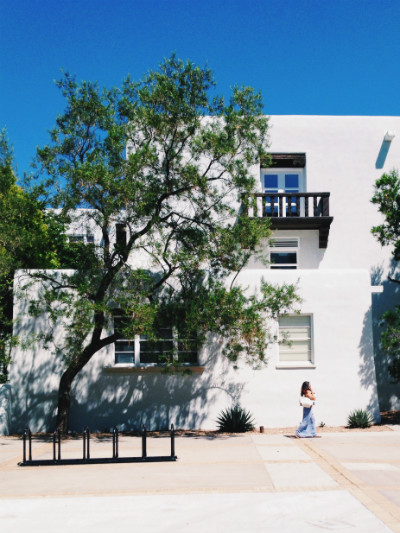 A student walks by a tree growing next to Mesa Vista Hall