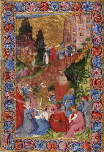 A medieval manuscript illustration of people gathered around a speaker (Chaucer), while others pass on a causeway or bridge behind them